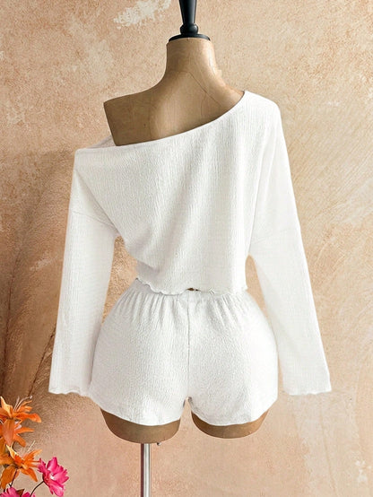 Soleia Women's Vacation Solid Color Asymmetrical Shoulder Long Sleeve Top And Shorts 2-Piece Set,Summer Outfits For Women