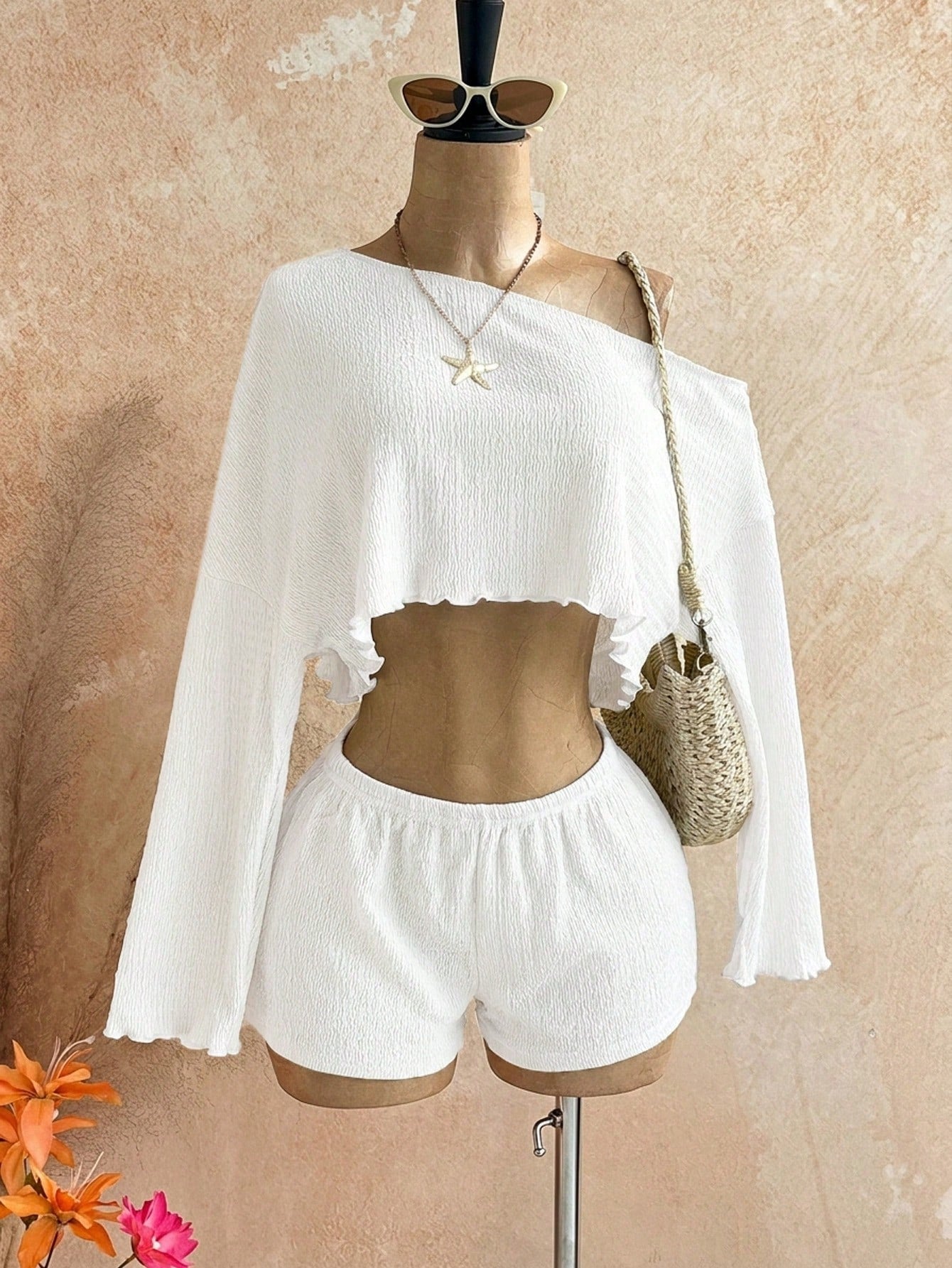 Soleia Women's Vacation Solid Color Asymmetrical Shoulder Long Sleeve Top And Shorts 2-Piece Set,Summer Outfits For Women