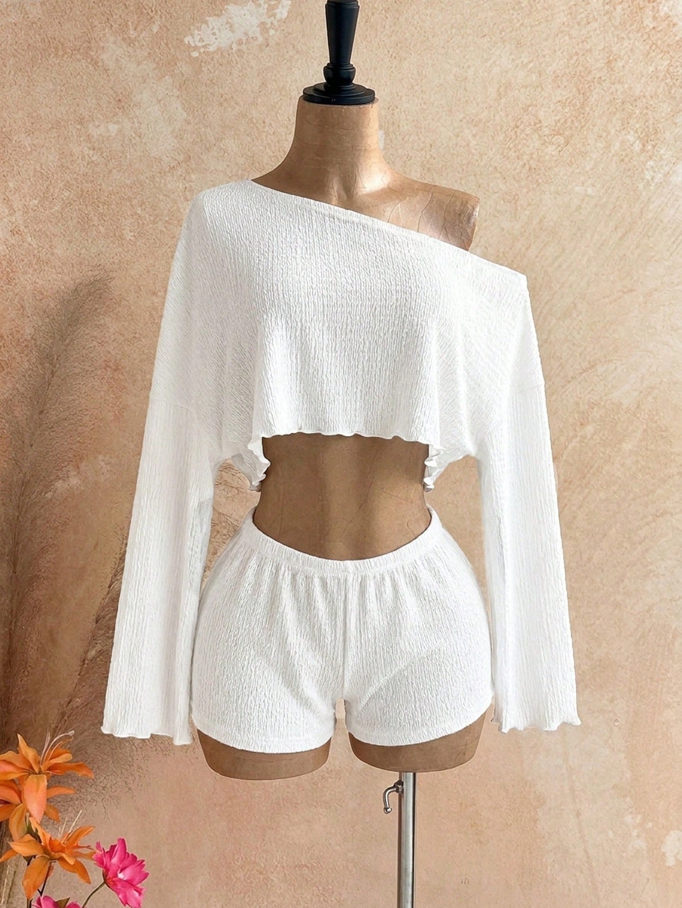 Soleia Women's Vacation Solid Color Asymmetrical Shoulder Long Sleeve Top And Shorts 2-Piece Set,Summer Outfits For Women