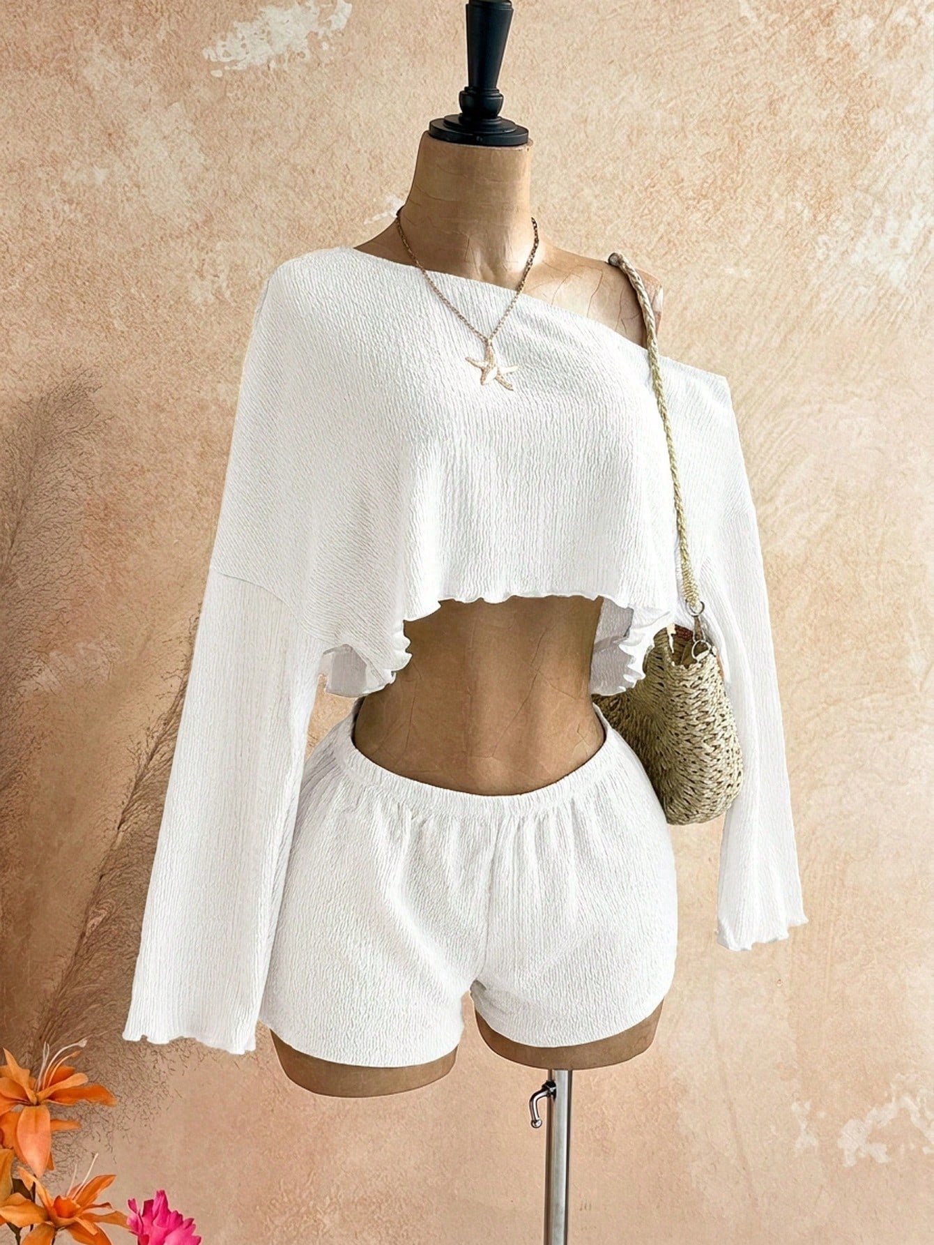 Soleia Women's Vacation Solid Color Asymmetrical Shoulder Long Sleeve Top And Shorts 2-Piece Set,Summer Outfits For Women