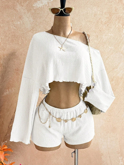 Soleia Women's Vacation Solid Color Asymmetrical Shoulder Long Sleeve Top And Shorts 2-Piece Set,Summer Outfits For Women