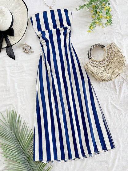Soleia Women Tropical Island Vacation Halter Backless Tie Waist A-Line Long Dress, Green & White Stripe Print Summer Dresses For Women,Sun Dresses For Women