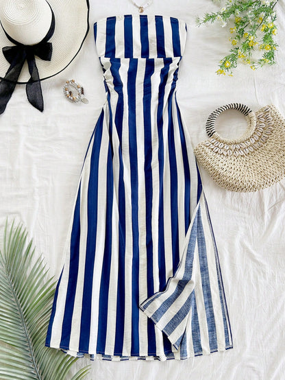 Soleia Women Tropical Island Vacation Halter Backless Tie Waist A-Line Long Dress, Green & White Stripe Print Summer Dresses For Women,Sun Dresses For Women