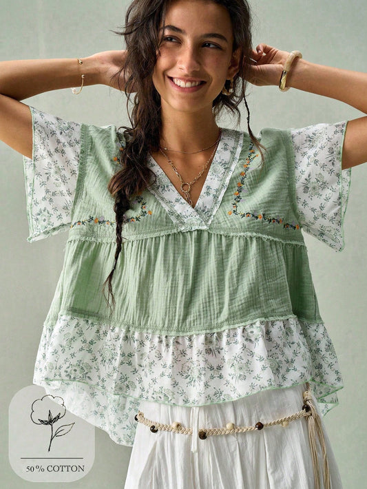 SoleilVie Summer New French V-Neck Blouse,Sage Green Floral,Boho,Holiday,Vacation,Holiday,Textured Crinkled Ditsy Floral Panels Ruffled Puff Sleeves