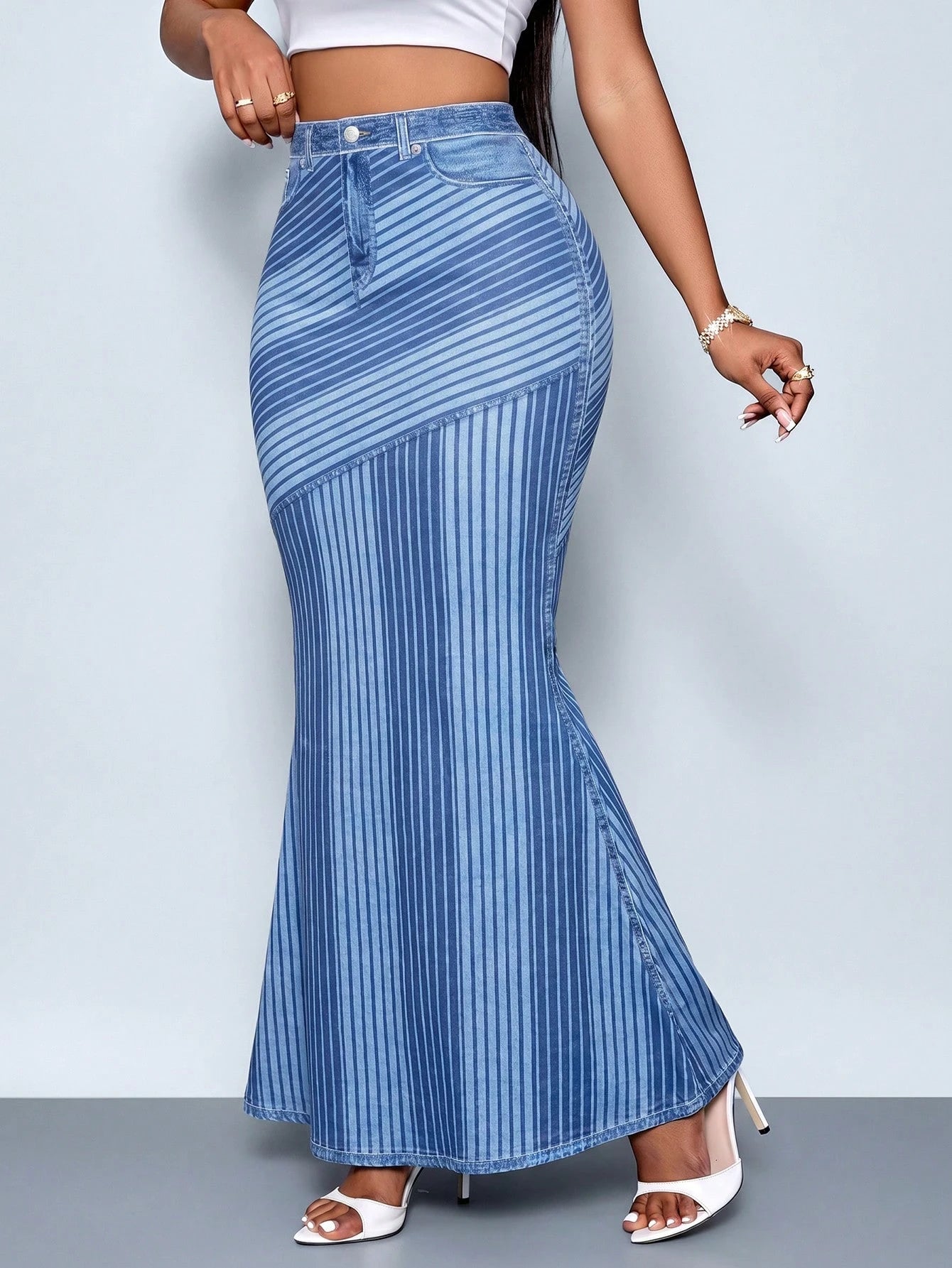 SOLERSUN Elegant Casual Denim Print Midi A-Line Skirt For Spring/Summer, Perfect For A Stylish Vacation Party Birthday. Blue Striped