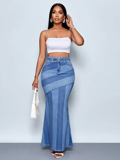 SOLERSUN Elegant Casual Denim Print Midi A-Line Skirt For Spring/Summer, Perfect For A Stylish Vacation Party Birthday. Blue Striped