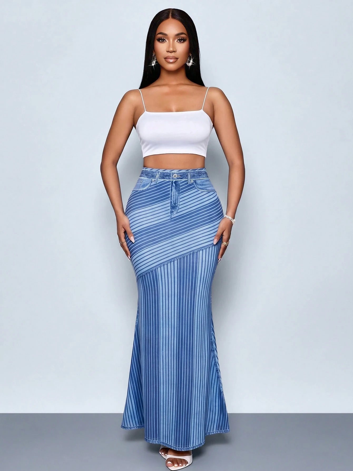 SOLERSUN Elegant Casual Denim Print Midi A-Line Skirt For Spring/Summer, Perfect For A Stylish Vacation Party Birthday. Blue Striped