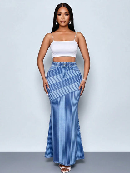 SOLERSUN Elegant Casual Denim Print Midi A-Line Skirt For Spring/Summer, Perfect For A Stylish Vacation Party Birthday. Blue Striped