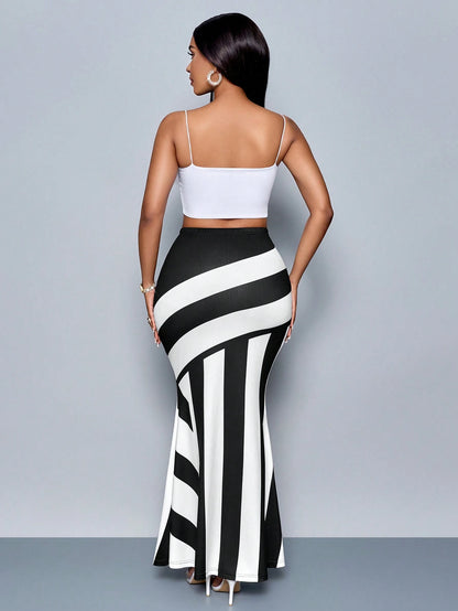 SOLERSUN Elegant Casual Denim Print Midi A-Line Skirt For Spring/Summer, Perfect For A Stylish Vacation Party Birthday. Blue Striped