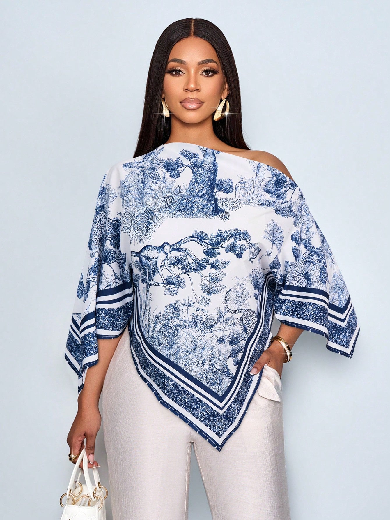 SOLERSUN Women's Brown Summer Elegant Party Asymmetric Neck Long Sleeve Asymmetrical Hem Blouse Vintage Sunset Holiday Print Batwing Sleeve Tops