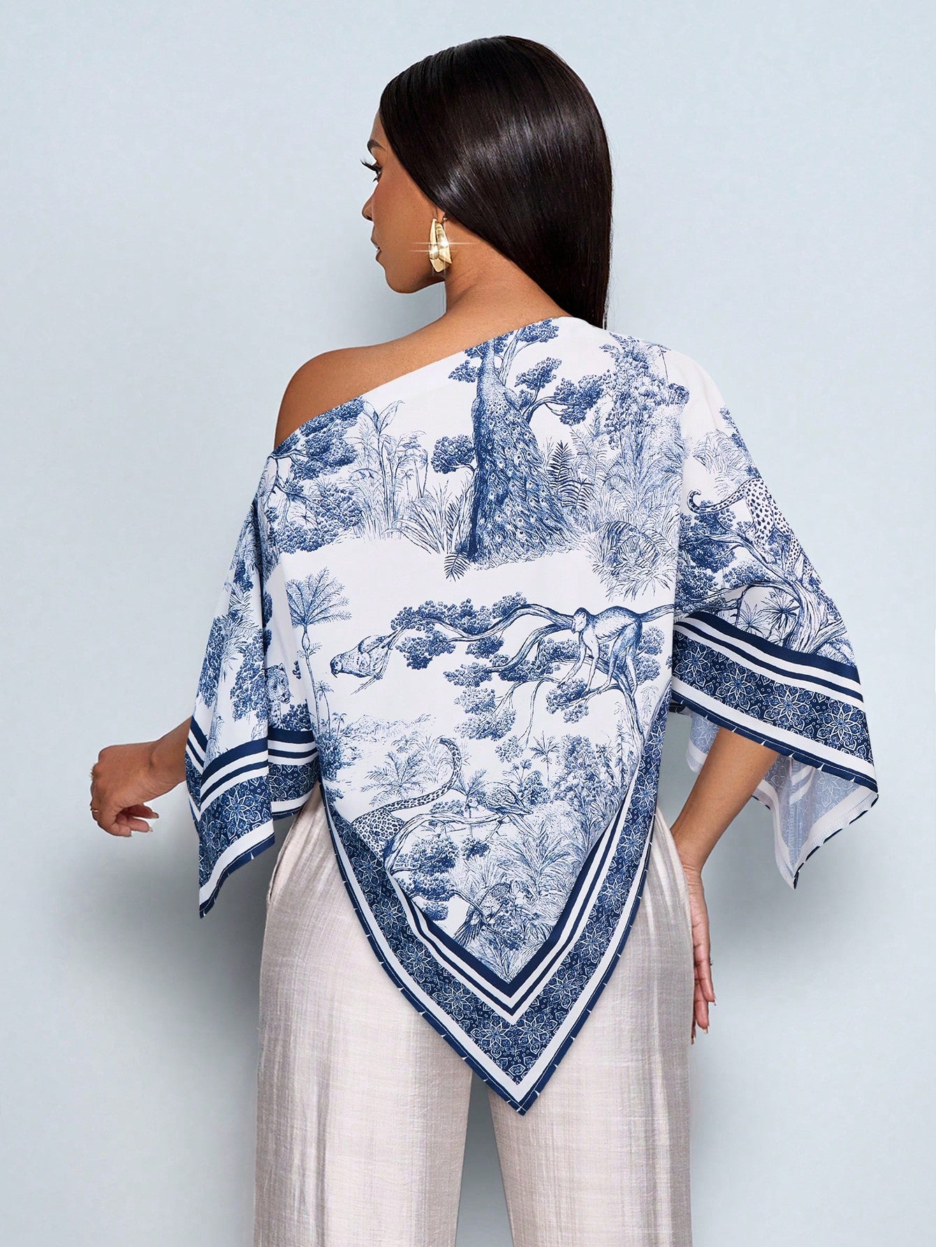 SOLERSUN Women's Brown Summer Elegant Party Asymmetric Neck Long Sleeve Asymmetrical Hem Blouse Vintage Sunset Holiday Print Batwing Sleeve Tops