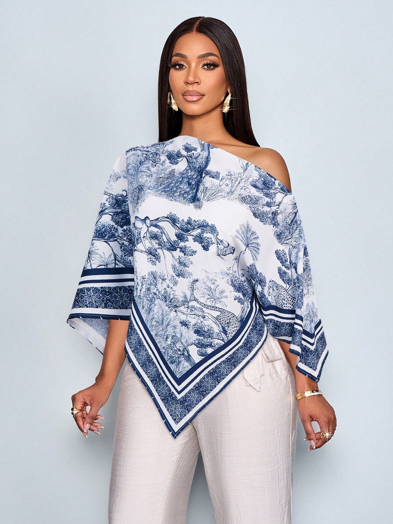 SOLERSUN Women's Brown Summer Elegant Party Asymmetric Neck Long Sleeve Asymmetrical Hem Blouse Vintage Sunset Holiday Print Batwing Sleeve Tops