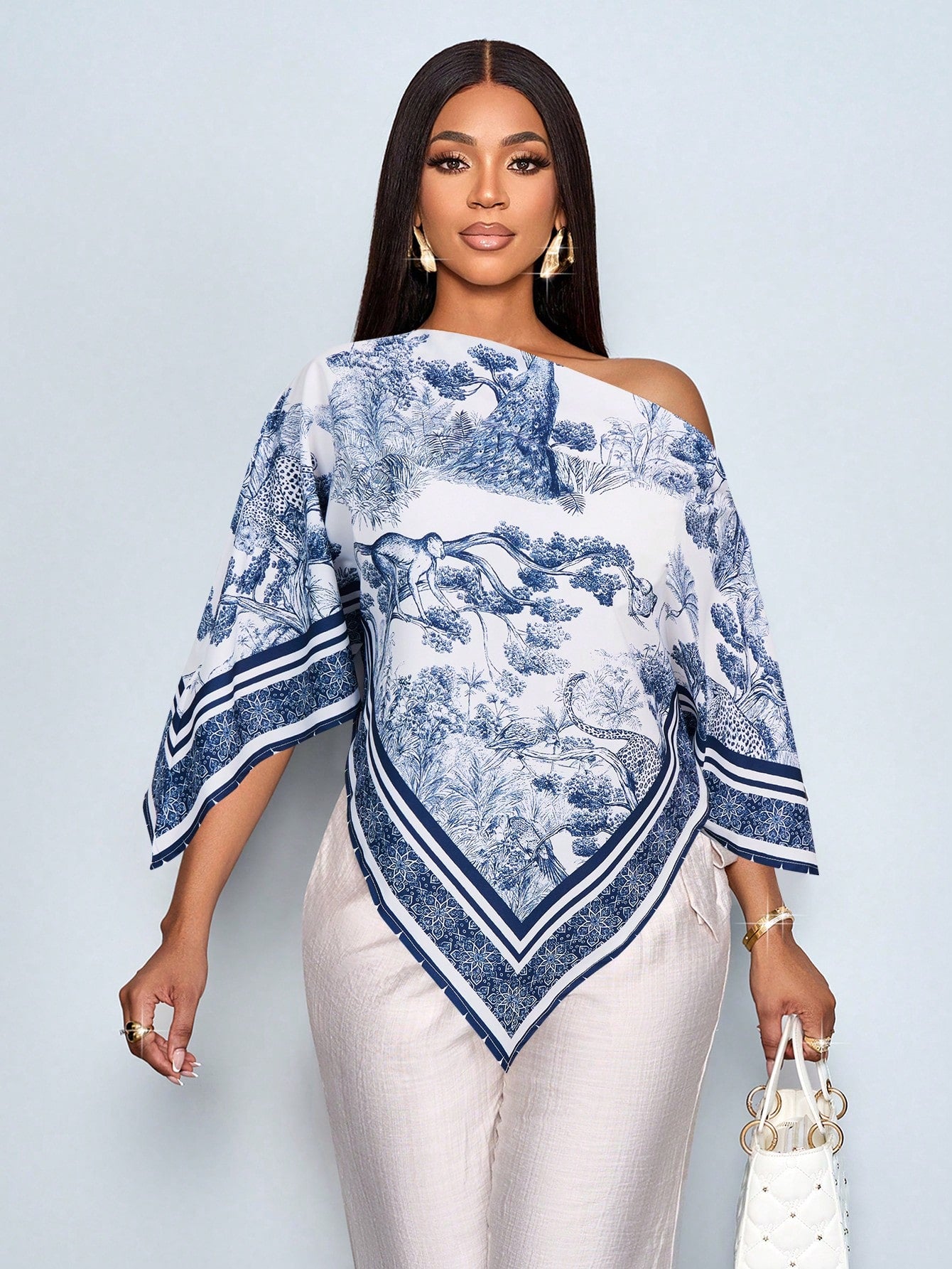 SOLERSUN Women's Brown Summer Elegant Party Asymmetric Neck Long Sleeve Asymmetrical Hem Blouse Vintage Sunset Holiday Print Batwing Sleeve Tops