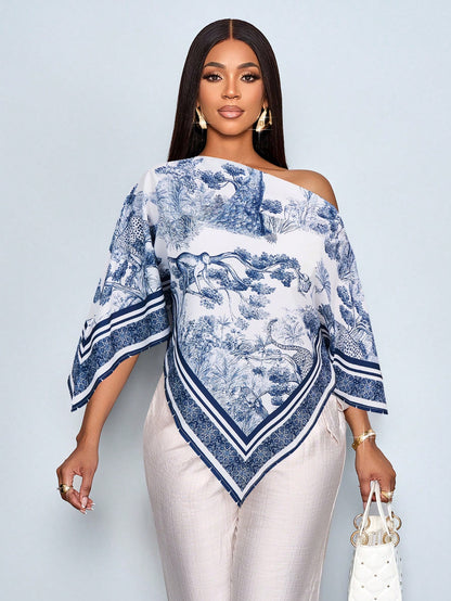 SOLERSUN Women's Brown Summer Elegant Party Asymmetric Neck Long Sleeve Asymmetrical Hem Blouse Vintage Sunset Holiday Print Batwing Sleeve Tops