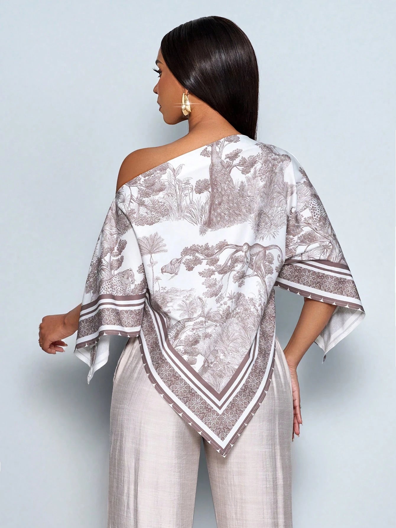 SOLERSUN Women's Brown Summer Elegant Party Asymmetric Neck Long Sleeve Asymmetrical Hem Blouse Vintage Sunset Holiday Print Batwing Sleeve Tops