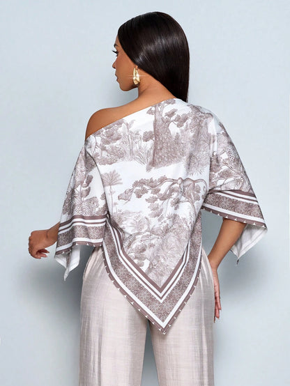 SOLERSUN Women's Brown Summer Elegant Party Asymmetric Neck Long Sleeve Asymmetrical Hem Blouse Vintage Sunset Holiday Print Batwing Sleeve Tops