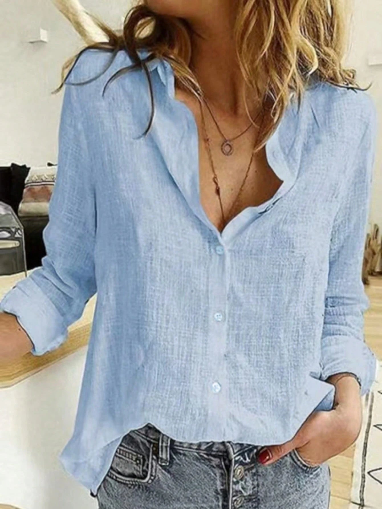 Solid Button-Up Shirt, Elegant Long Sleeve Collared Shirt White Spring