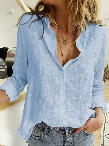 Solid Button-Up Shirt, Elegant Long Sleeve Collared Shirt White Spring