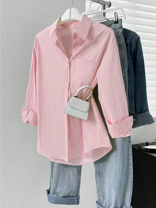Solid Color Button Front Pocket- Elegant Basic Solid Color Shirt, Fashionable Lapel Long Sleeve Shirt, Casual Shirt For Spring And Autumn, Spring Clothes For Women Pink