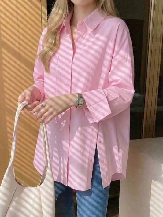 Solid Color Front Button Pocket Shirt, Suitable For Home, Daily Wear, Spring, Autumn, Winter Pink