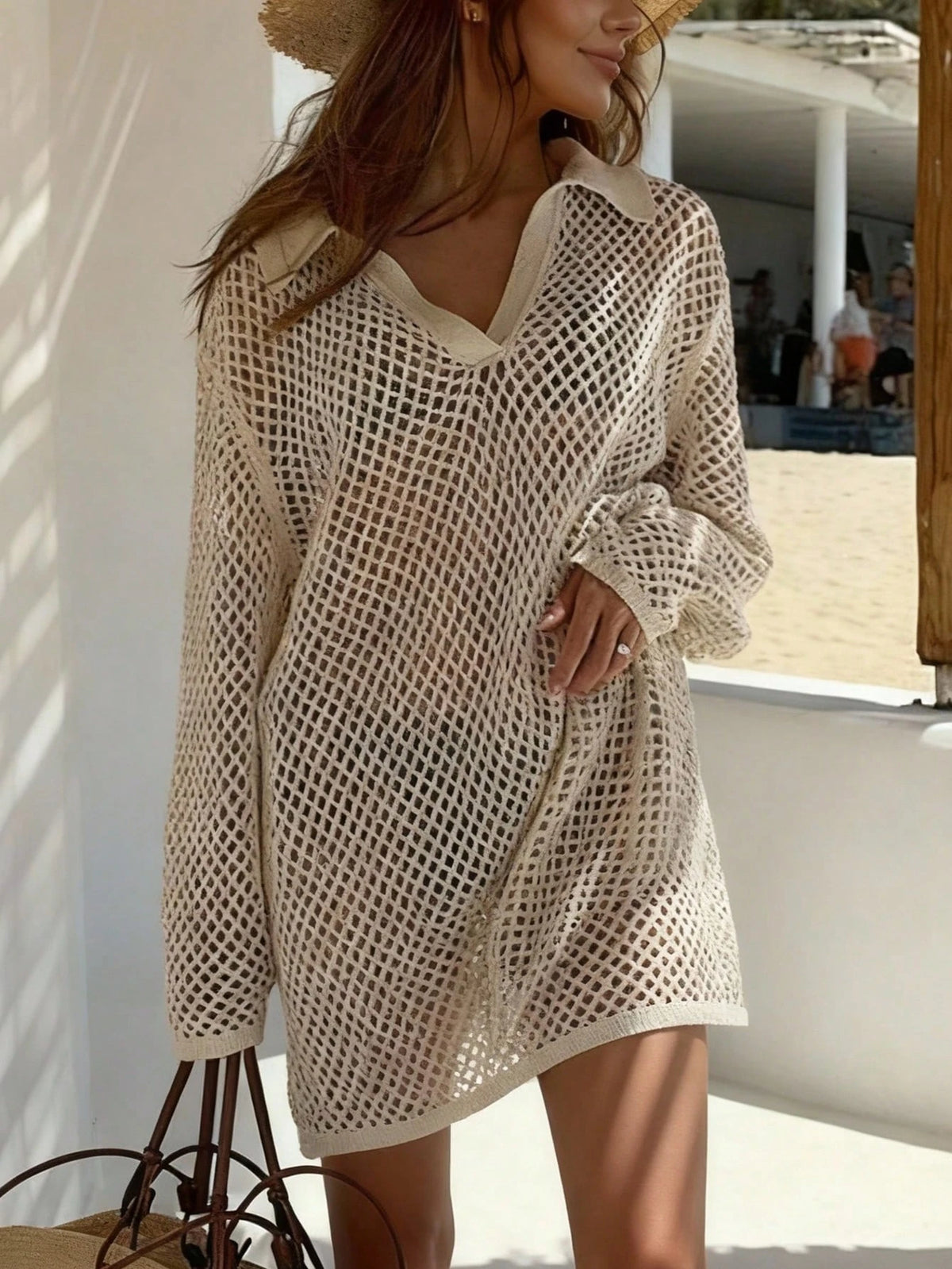 Solid Color Knit Beach Dress, Women's Sexy Hollow Out Long Sleeve Swimsuit Cover Up, Bohemian Style Loose Beach Outfit For Summer Vacation