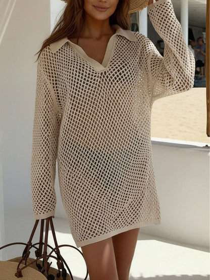Solid Color Knit Beach Dress, Women's Sexy Hollow Out Long Sleeve Swimsuit Cover Up, Bohemian Style Loose Beach Outfit For Summer Vacation