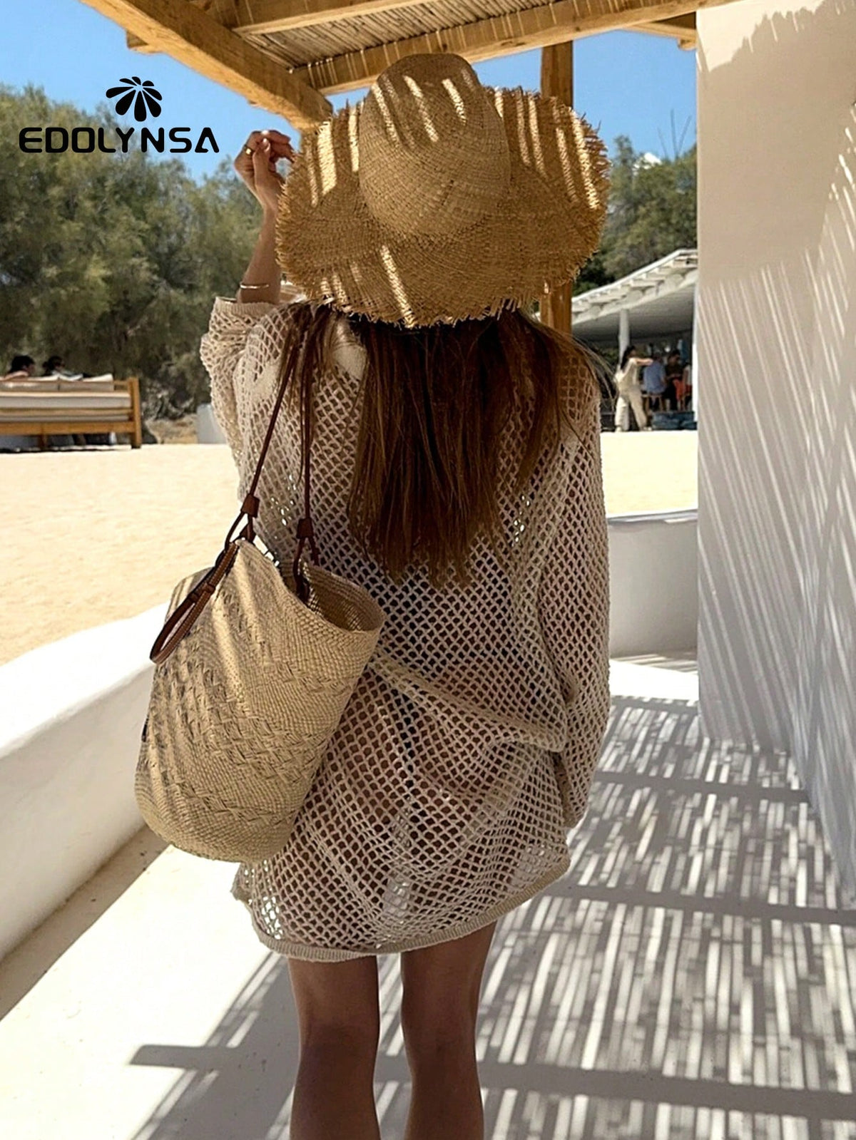 Solid Color Knit Beach Dress, Women's Sexy Hollow Out Long Sleeve Swimsuit Cover Up, Bohemian Style Loose Beach Outfit For Summer Vacation