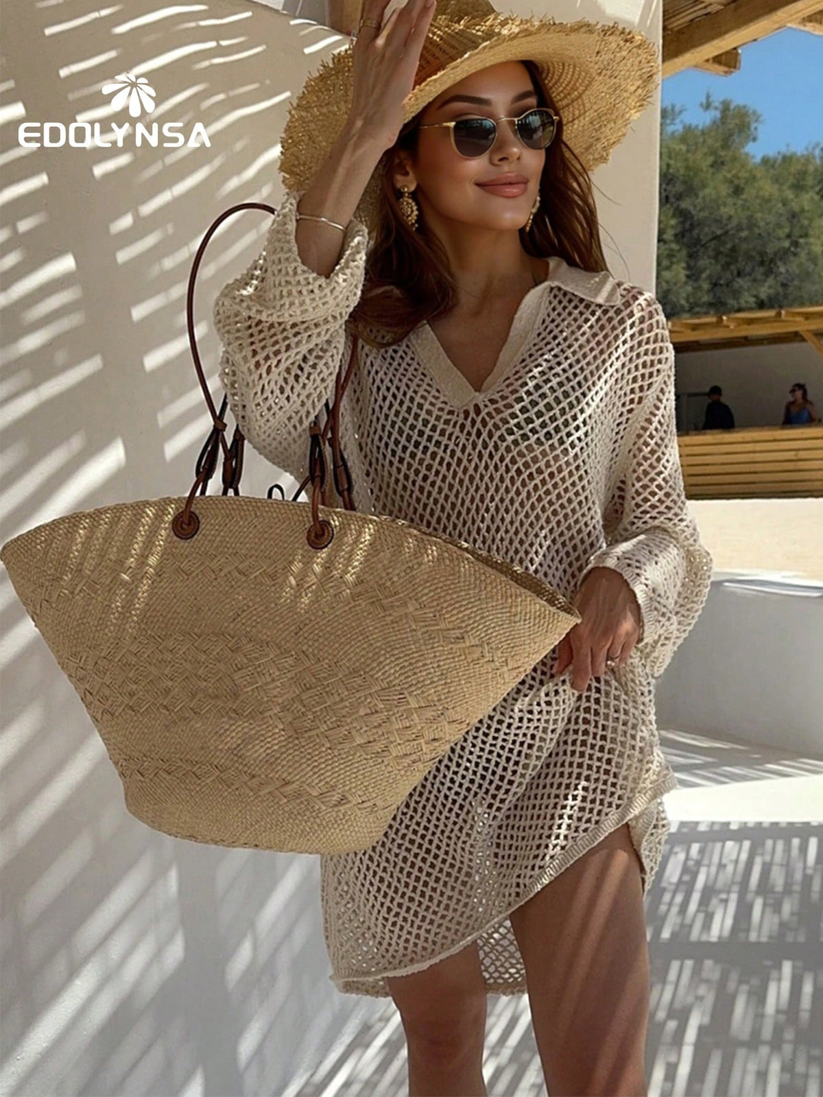 Solid Color Knit Beach Dress, Women's Sexy Hollow Out Long Sleeve Swimsuit Cover Up, Bohemian Style Loose Beach Outfit For Summer Vacation