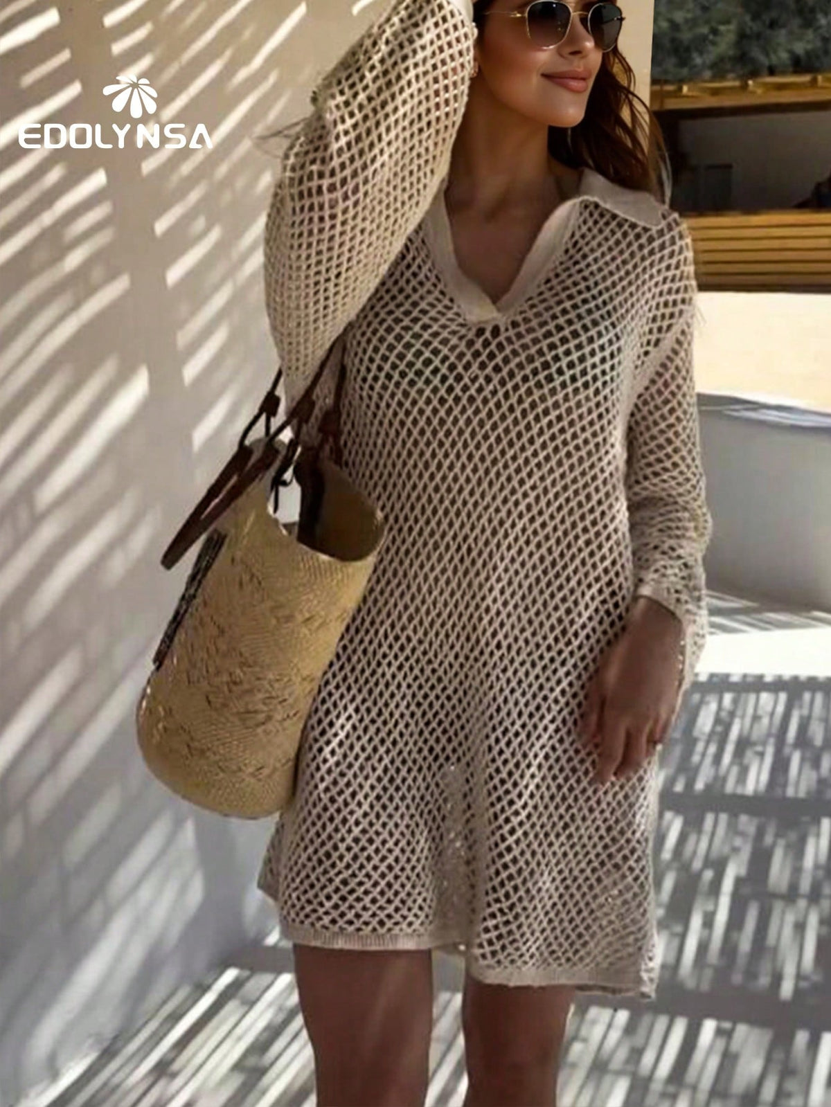 Solid Color Knit Beach Dress, Women's Sexy Hollow Out Long Sleeve Swimsuit Cover Up, Bohemian Style Loose Beach Outfit For Summer Vacation