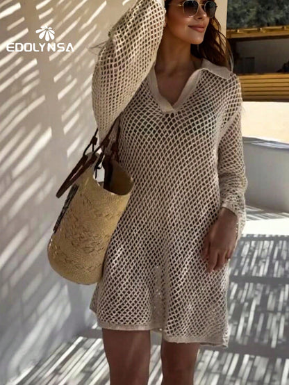 Solid Color Knit Beach Dress, Women's Sexy Hollow Out Long Sleeve Swimsuit Cover Up, Bohemian Style Loose Beach Outfit For Summer Vacation