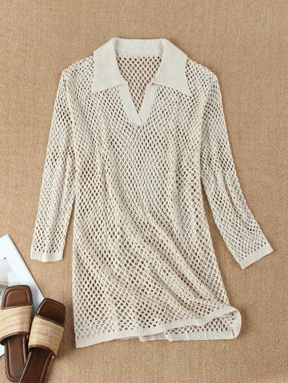 Solid Color Knit Beach Dress, Women's Sexy Hollow Out Long Sleeve Swimsuit Cover Up, Bohemian Style Loose Beach Outfit For Summer Vacation