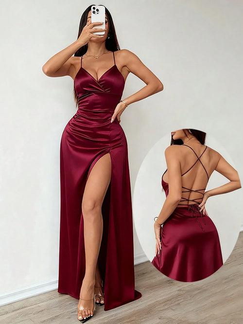 Solid Color Satin Elegant Sexy Criss-Cross Strap Backless Asymmetric Bow Cutout Drawstring Hollow Design High Thigh Slit Lace-Up Adjustable Back Women's Dress For Engagement Bridesmaid Wedding Evening