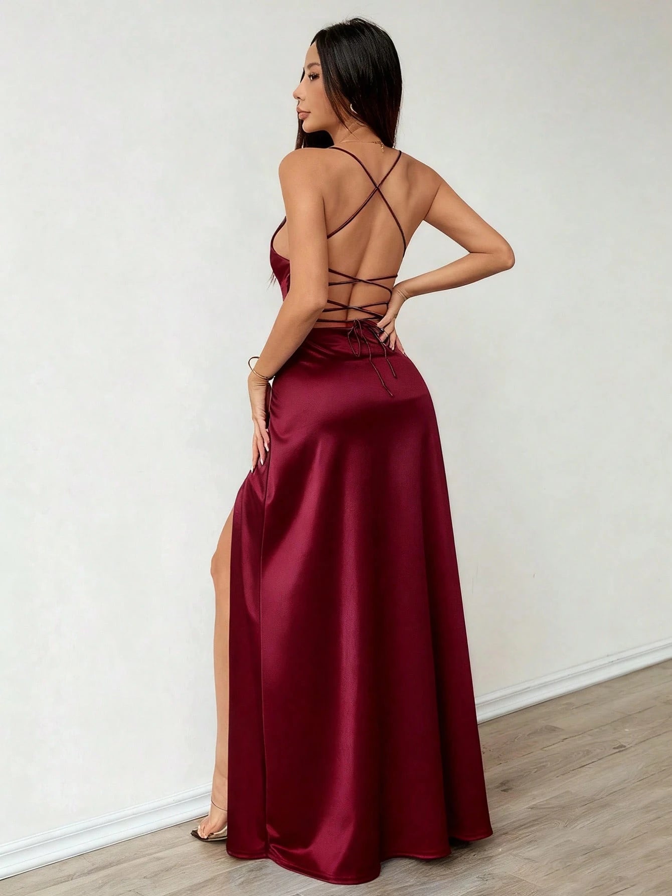 Solid Color Satin Elegant Sexy Criss-Cross Strap Backless Asymmetric Bow Cutout Drawstring Hollow Design High Thigh Slit Lace-Up Adjustable Back Women's Dress For Engagement Bridesmaid Wedding Evening