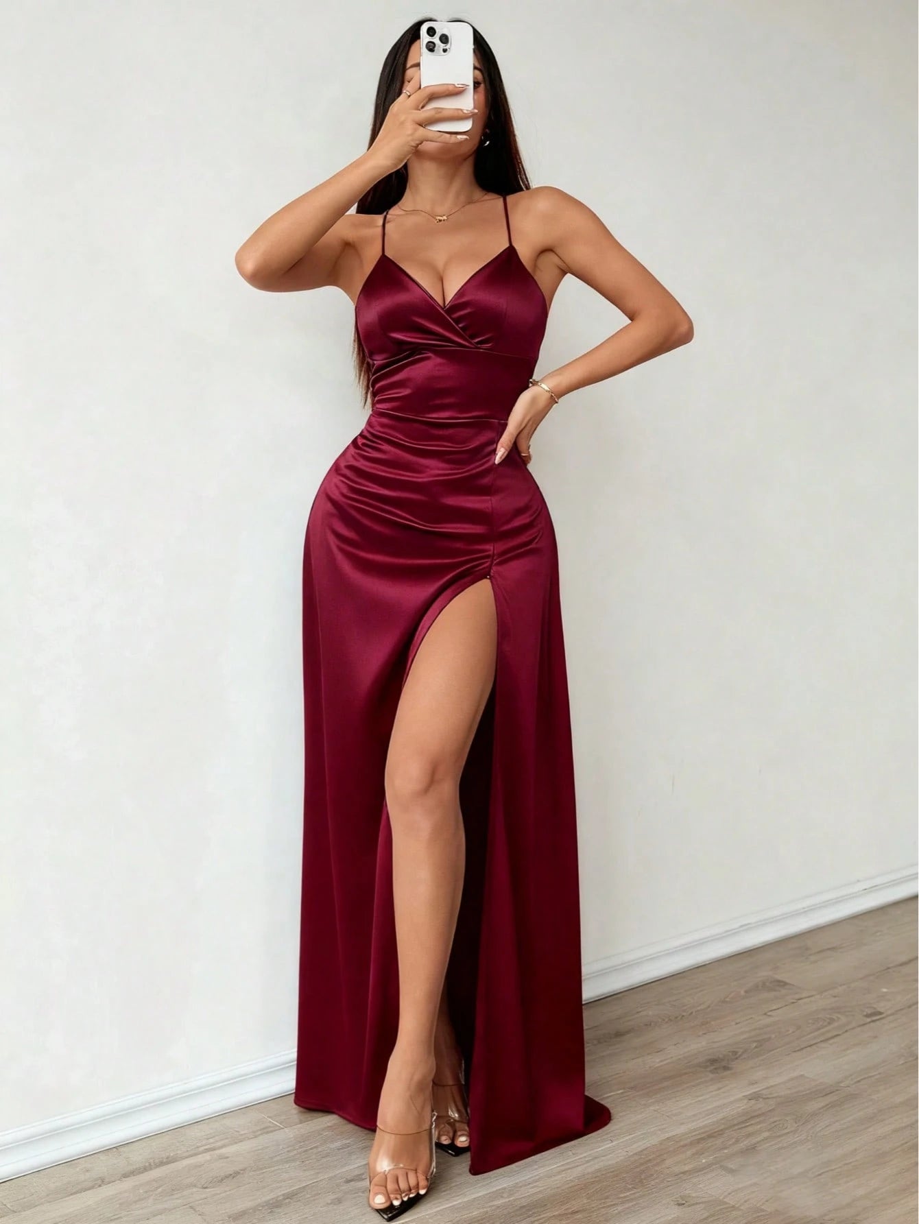 Solid Color Satin Elegant Sexy Criss-Cross Strap Backless Asymmetric Bow Cutout Drawstring Hollow Design High Thigh Slit Lace-Up Adjustable Back Women's Dress For Engagement Bridesmaid Wedding Evening
