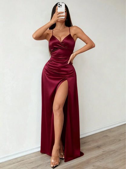 Solid Color Satin Elegant Sexy Criss-Cross Strap Backless Asymmetric Bow Cutout Drawstring Hollow Design High Thigh Slit Lace-Up Adjustable Back Women's Dress For Engagement Bridesmaid Wedding Evening