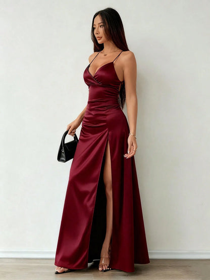 Solid Color Satin Elegant Sexy Criss-Cross Strap Backless Asymmetric Bow Cutout Drawstring Hollow Design High Thigh Slit Lace-Up Adjustable Back Women's Dress For Engagement Bridesmaid Wedding Evening