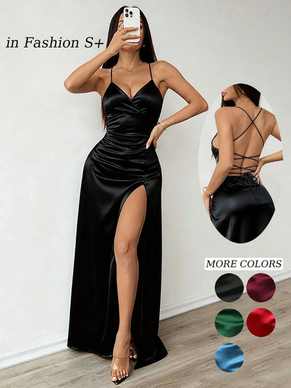 Solid Color Satin Elegant Sexy Criss-Cross Strap Backless Asymmetric Bow Cutout Drawstring Hollow Design High Thigh Slit Lace-Up Adjustable Back Women's Dress For Engagement Bridesmaid Wedding Evening