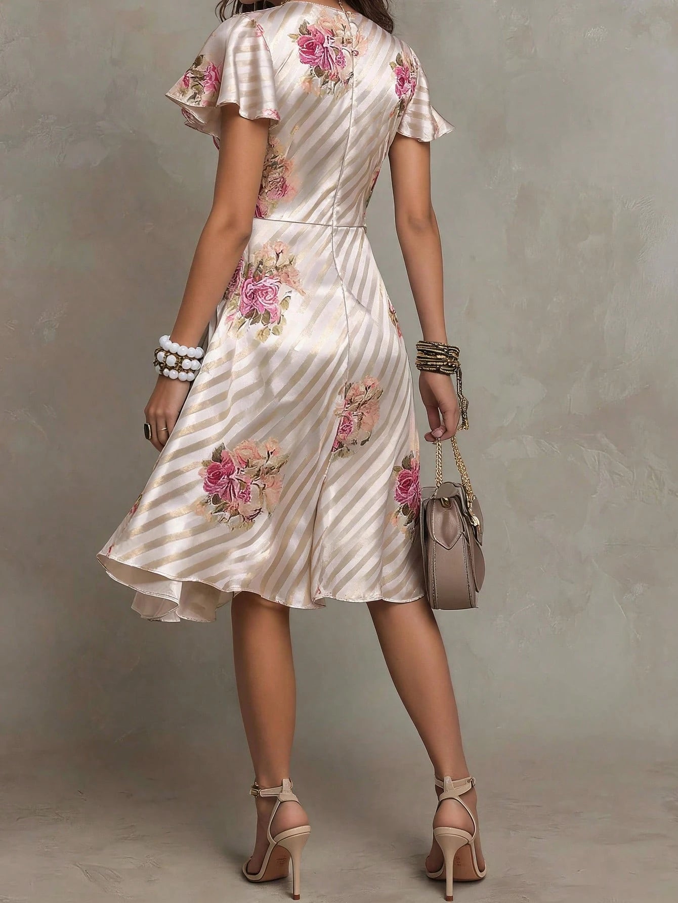 Solivie Women's Floral Print Overlap V-Neck Ruffle Short Sleeve Midi Dress Dates Beige Summer Elegant