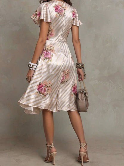 Solivie Women's Floral Print Overlap V-Neck Ruffle Short Sleeve Midi Dress Dates Beige Summer Elegant