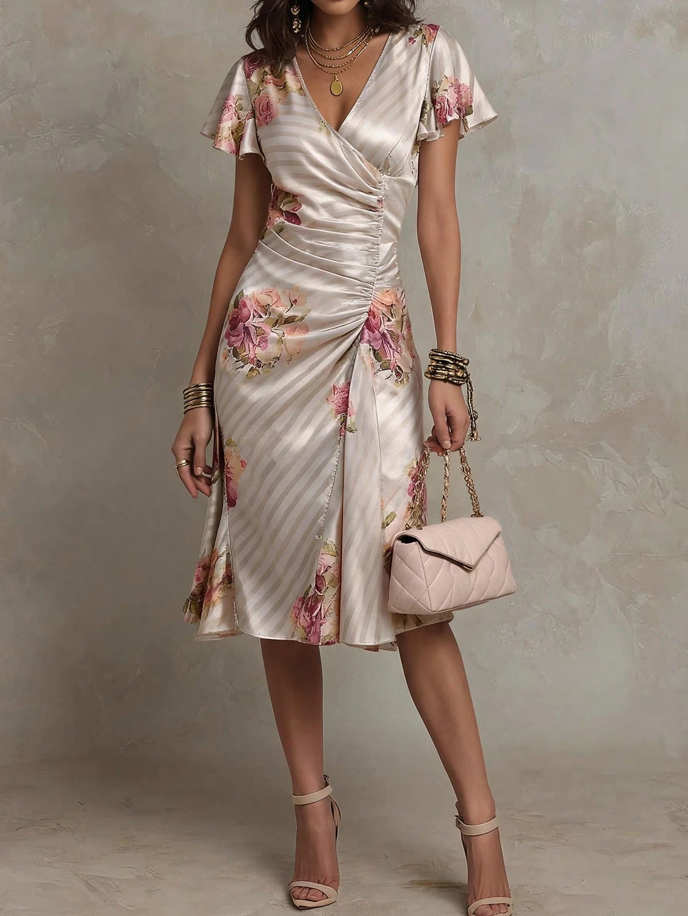 Solivie Women's Floral Print Overlap V-Neck Ruffle Short Sleeve Midi Dress Dates Beige Summer Elegant