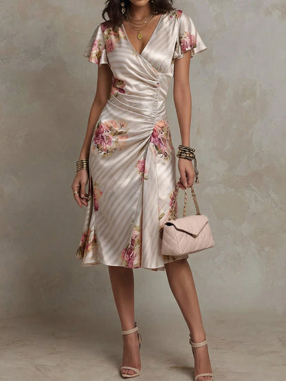 Solivie Women's Floral Print Overlap V-Neck Ruffle Short Sleeve Midi Dress Dates Beige Summer Elegant