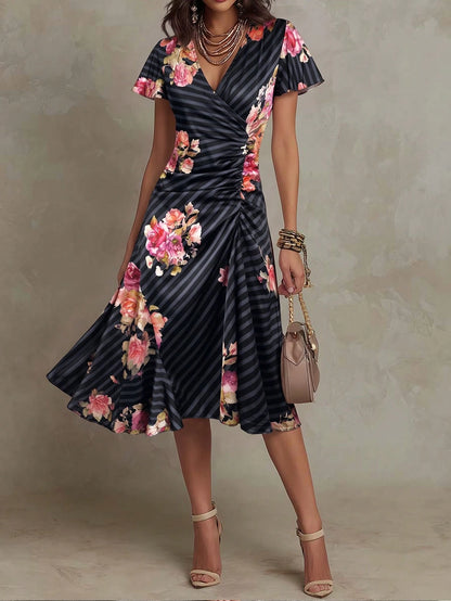 Solivie Women's Floral Print Overlap V-Neck Ruffle Short Sleeve Midi Dress Dates Beige Summer Elegant
