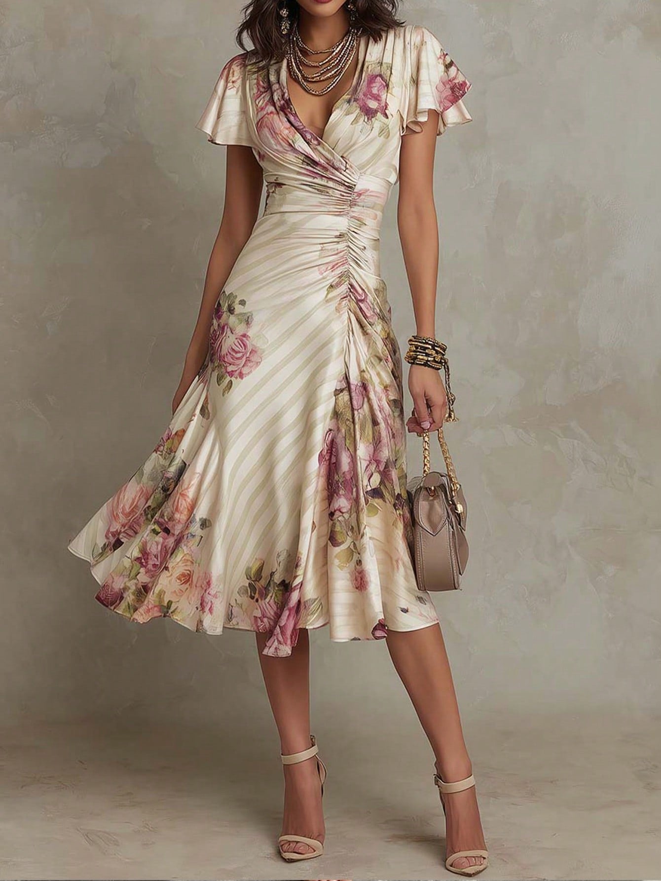Solivie Women's Floral Print Overlap V-Neck Ruffle Short Sleeve Midi Dress Dates Beige Summer Elegant