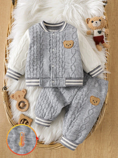 Souflis Newborn Baby Boy Bear Pattern 2-Piece Set, Cute Autumn Knit Top And Pants Outfit, Holiday Fashion Boys Clothing
