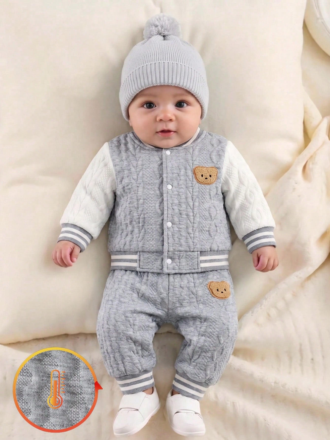 Souflis Newborn Baby Boy Bear Pattern 2-Piece Set, Cute Autumn Knit Top And Pants Outfit, Holiday Fashion Boys Clothing