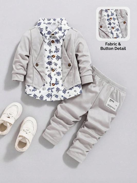 Souflis Souflis Baby Boy 2pcs Floral Printed Shirt-Style Jacket & Pants Set, Casual Outfit Suitable For Spring/Autumn
