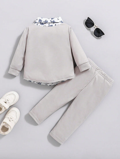 Souflis Souflis Baby Boy 2pcs Floral Printed Shirt-Style Jacket & Pants Set, Casual Outfit Suitable For Spring/Autumn