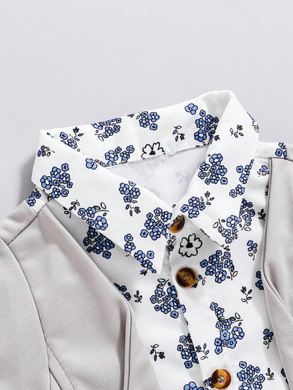 Souflis Souflis Baby Boy 2pcs Floral Printed Shirt-Style Jacket & Pants Set, Casual Outfit Suitable For Spring/Autumn