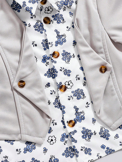 Souflis Souflis Baby Boy 2pcs Floral Printed Shirt-Style Jacket & Pants Set, Casual Outfit Suitable For Spring/Autumn