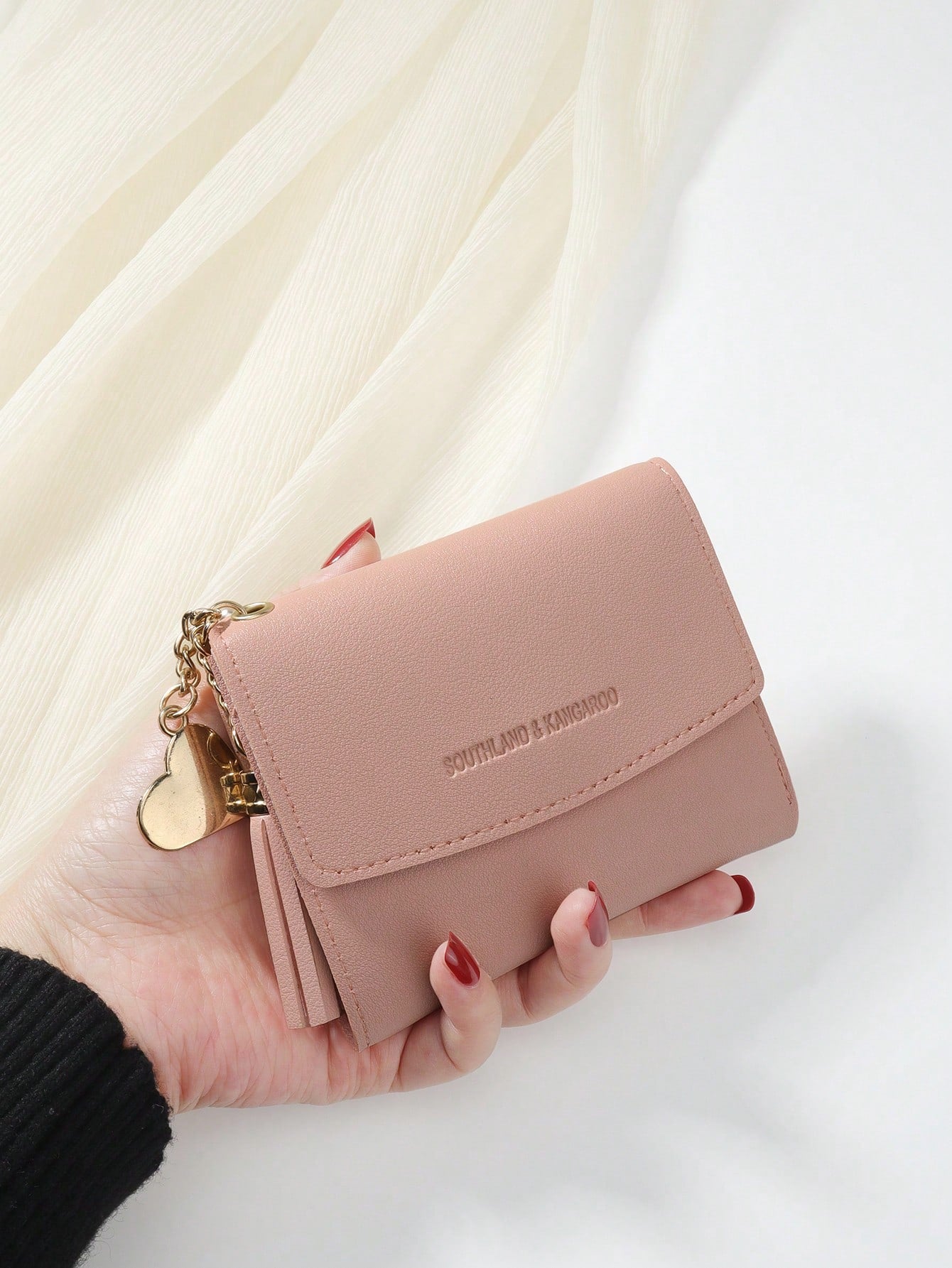 SOUTHLAND&KANGAROO Light Pink Metal Heart Tassel Decor Coin Purse, Compact Foldable Women's Wallet, Mini Lightweight Simple Fashion Modern Business Style, Suitable For Anniversary, Valentine's Day, Bi